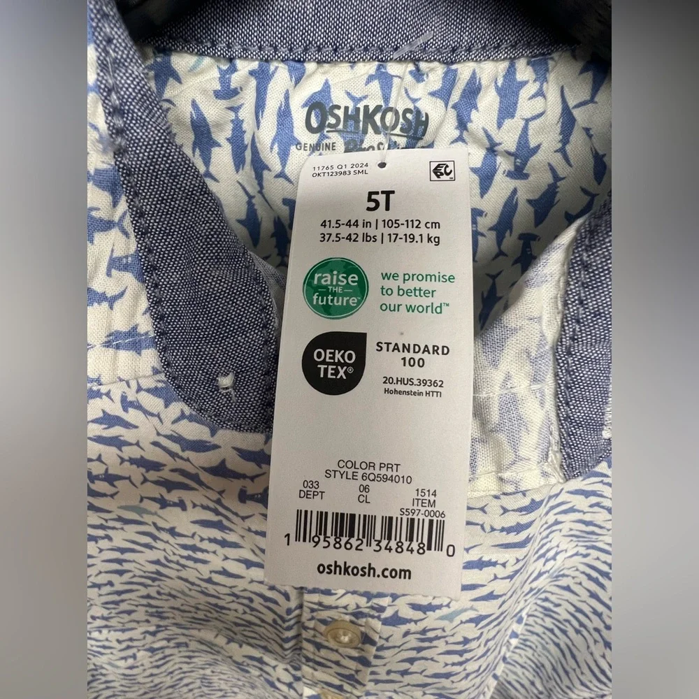 Osh Gosh - Kids‎ Blue Shark Print Shirt- Size:5T, New with tags